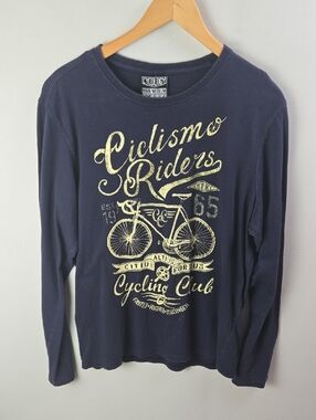 Cycology 'Ciclismo Riders' long sleeve Navy Cotton Mens T-Shirt Sz M Graphic Tee